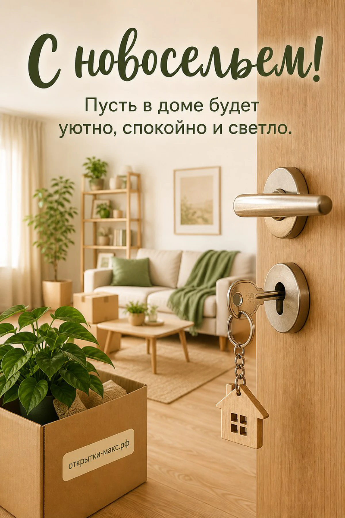 Ключ с брелоком-домиком в замке открытой двери, за которой видна светлая квартира с растением