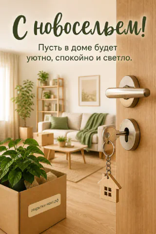 Ключ с брелоком-домиком в замке открытой двери, за которой видна светлая квартира с растением
