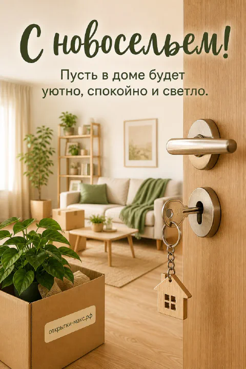 Ключ с брелоком-домиком в замке открытой двери, за которой видна светлая квартира с растением