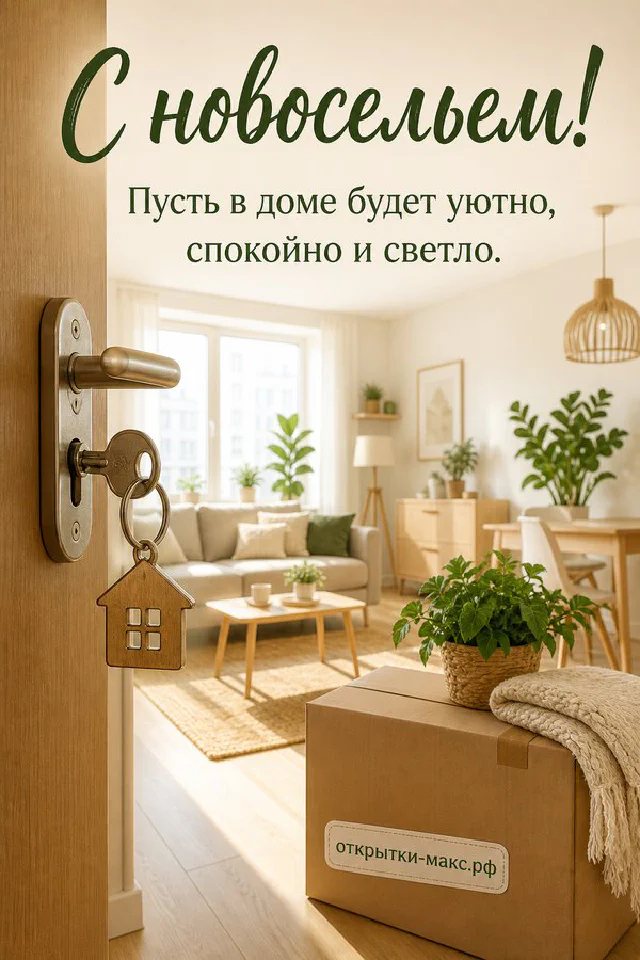 Ключ с брелоком-домиком в замке открытой двери, за которой видна светлая квартира с растением — вариант 2