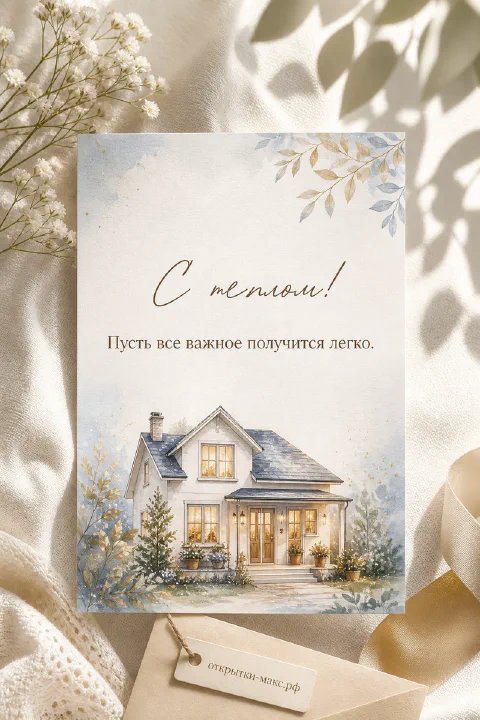 Акварельный белый дом с горящими окнами среди зимних деревьев и золотых листьев на открытке