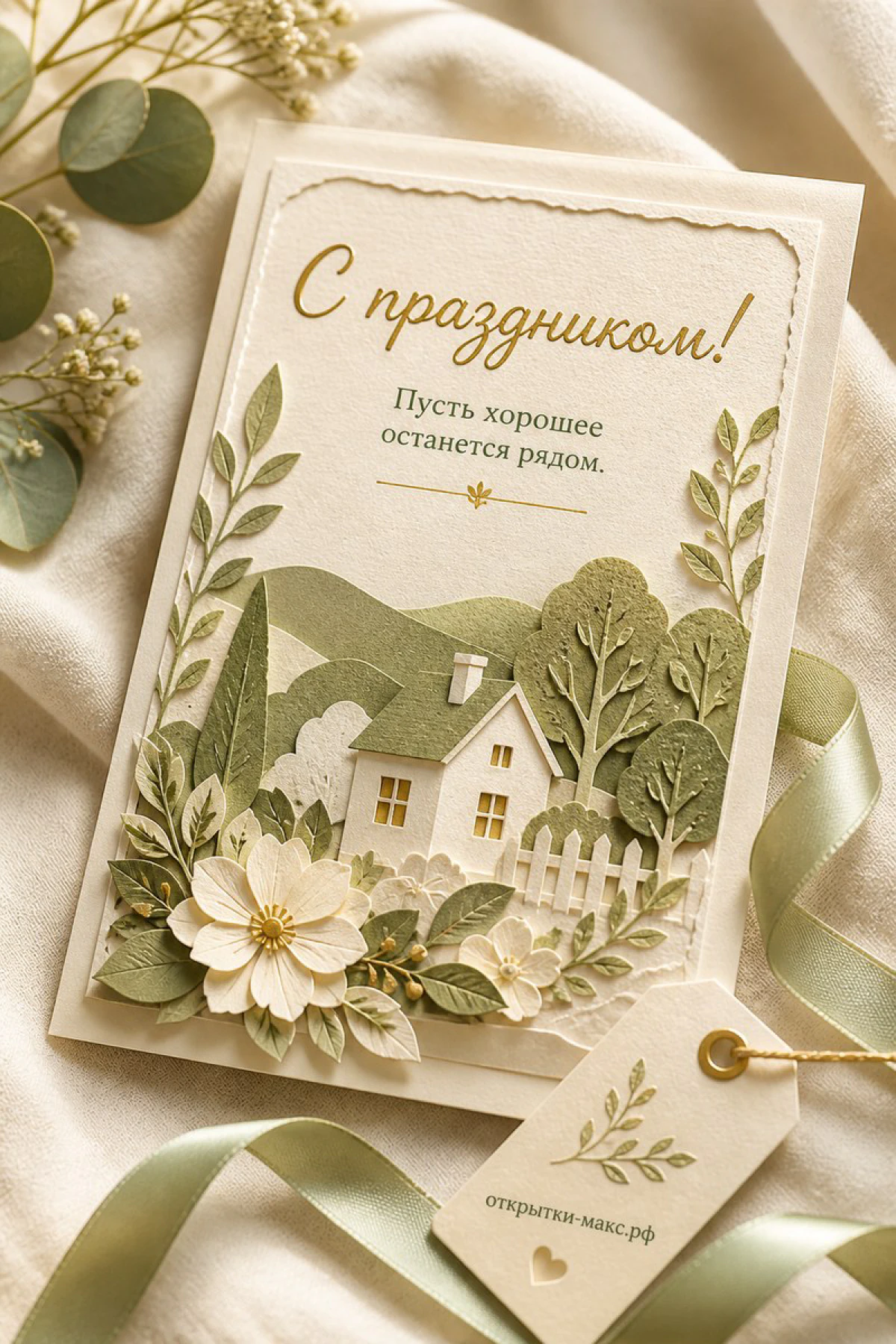 Открытка с бумажным домиком в саду, зелёными деревьями и белым цветком на льняном фоне