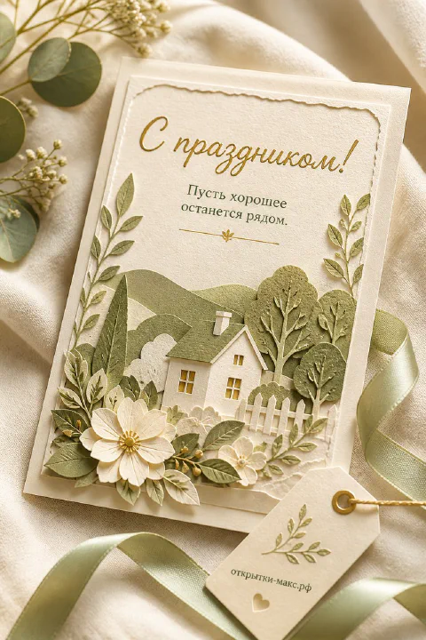 Открытка с бумажным домиком в саду, зелёными деревьями и белым цветком на льняном фоне
