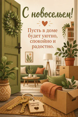 Открытая зелёная дверь с венком из листьев, вид на уютную гостиную, ключи на картонной коробке