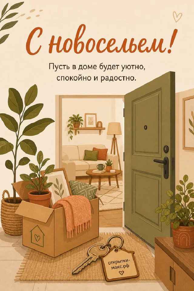 Открытая зелёная дверь с венком из листьев, вид на уютную гостиную, ключи на картонной коробке — вариант 2