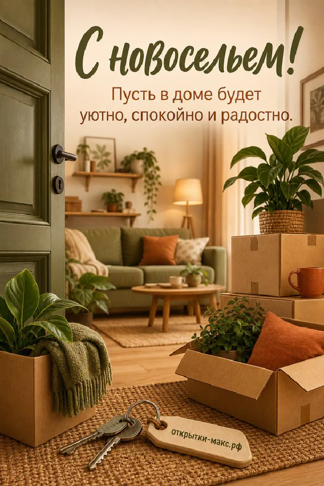 Открытая зелёная дверь с венком из листьев, вид на уютную гостиную, ключи на картонной коробке — вариант 3