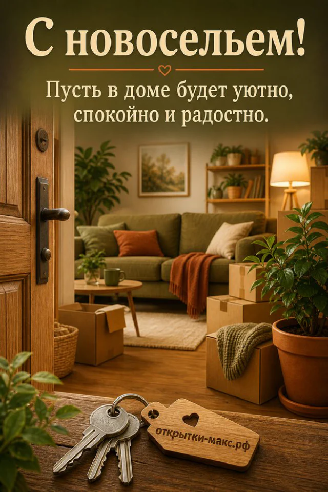 Открытая зелёная дверь с венком из листьев, вид на уютную гостиную, ключи на картонной коробке — вариант 4