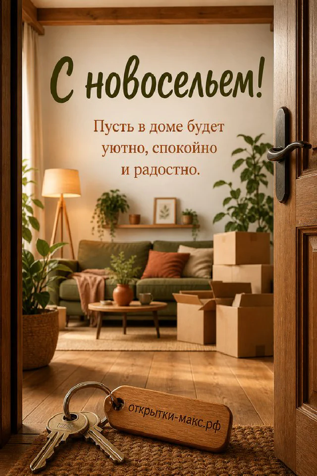 Открытая зелёная дверь с венком из листьев, вид на уютную гостиную, ключи на картонной коробке — вариант 5