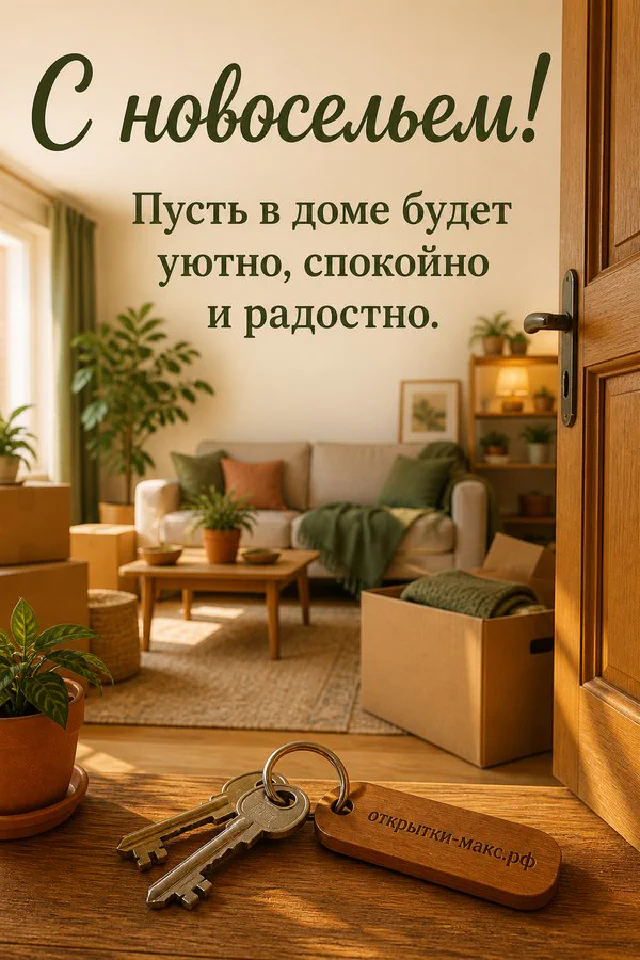 Открытая зелёная дверь с венком из листьев, вид на уютную гостиную, ключи на картонной коробке — вариант 6