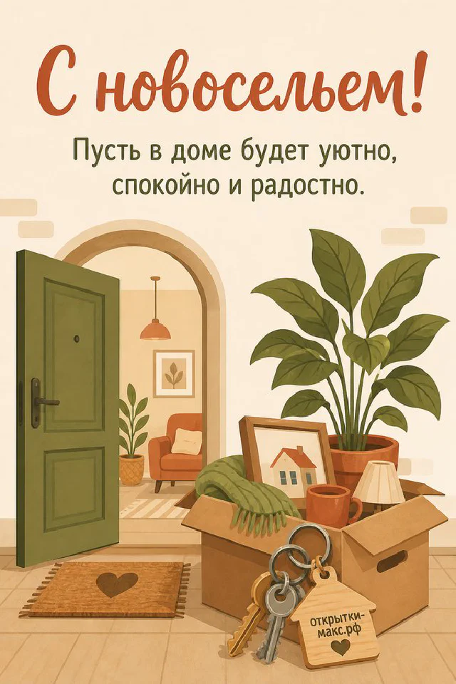 Открытая зелёная дверь с венком из листьев, вид на уютную гостиную, ключи на картонной коробке — вариант 7