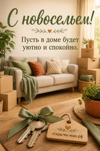 Ключи с зелёной лентой на фоне светлой гостиной с диваном и коробками для переезда