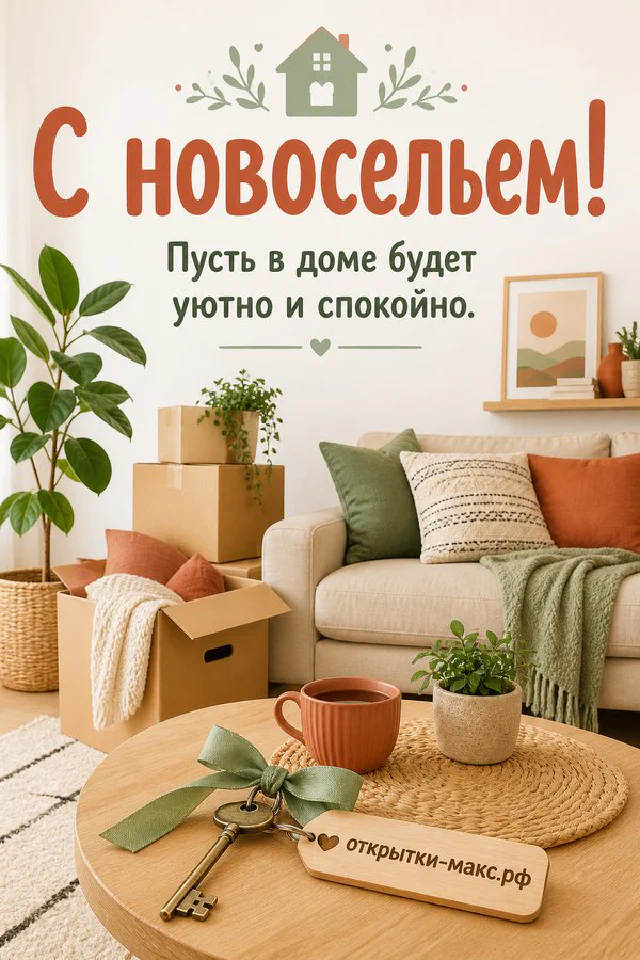 Ключи с зелёной лентой на фоне светлой гостиной с диваном и коробками для переезда — вариант 3