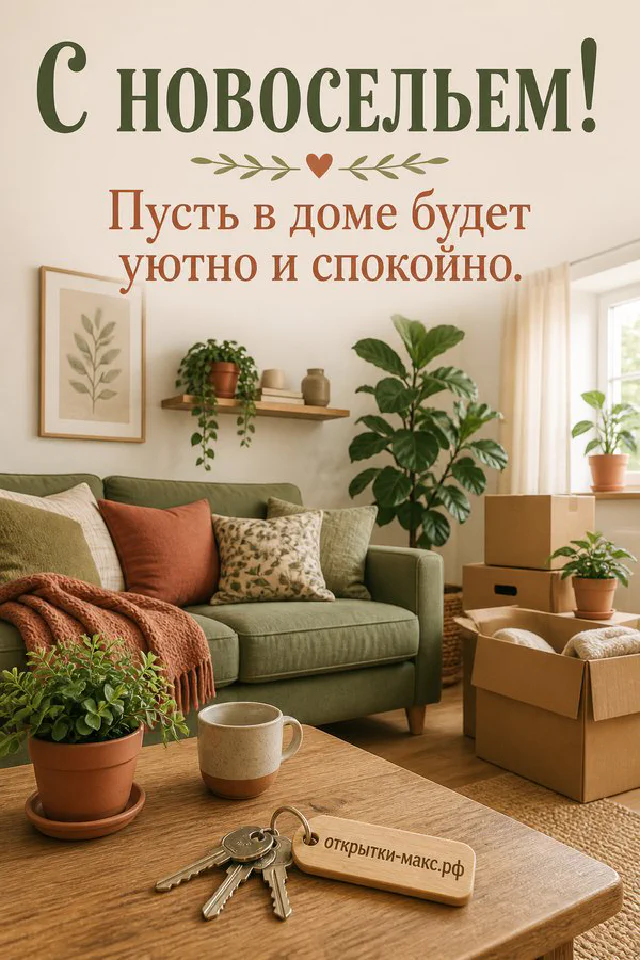 Ключи с зелёной лентой на фоне светлой гостиной с диваном и коробками для переезда — вариант 5