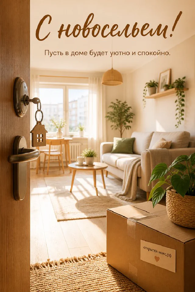 Ключи с зелёной лентой на фоне светлой гостиной с диваном и коробками для переезда — вариант 7