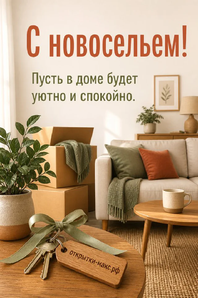 Ключи с зелёной лентой на фоне светлой гостиной с диваном и коробками для переезда — вариант 8