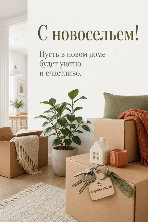 Связка ключей от квартиры лежит на картонной коробке рядом с зелёным растением и пледом в светлой комнате