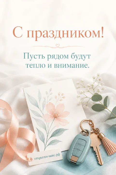 Автомобильные ключи с синим брелоком рядом с открыткой в цветах и атласной лентой на мятной ткани