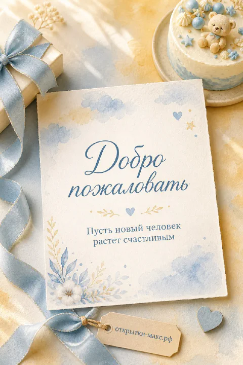 Акварельная открытка с надписью Добро пожаловать, голубые ленты, торт с медведем и маленькие сердечки