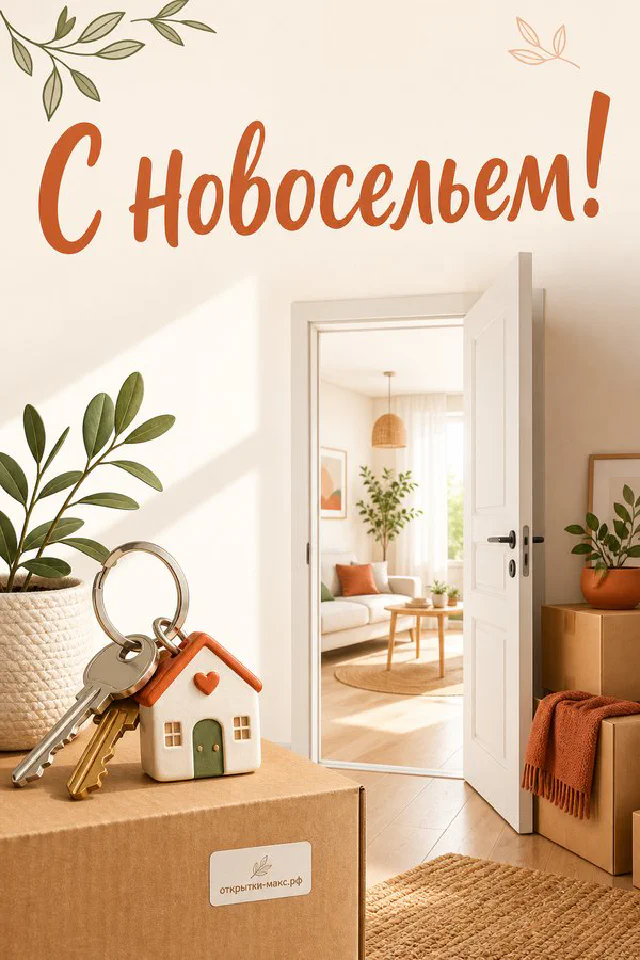 Картонная коробка с брелоком-ключами у открытой входной двери с видом на светлую гостиную — вариант 5