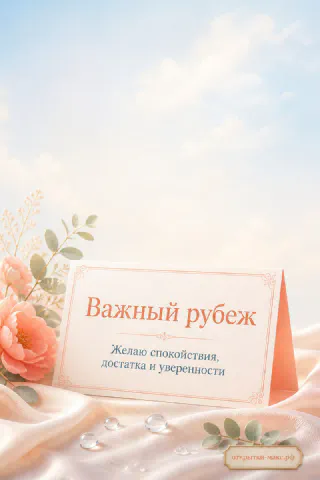 Персиковая роза и карточка с надписью Важный рубеж на нежном шёлковом фоне с облаками