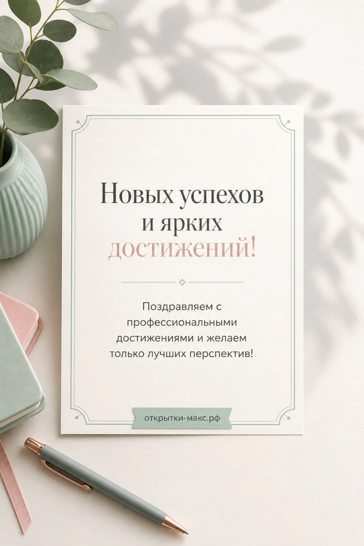 Белая открытка с текстом «Новых успехов и ярких достижений» рядом с блокнотом и ручкой на светлом столе