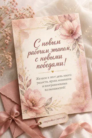 Акварельная открытка с розовыми цветами и текстом «С новым рабочим этапом, с новыми победами» на светлом фоне