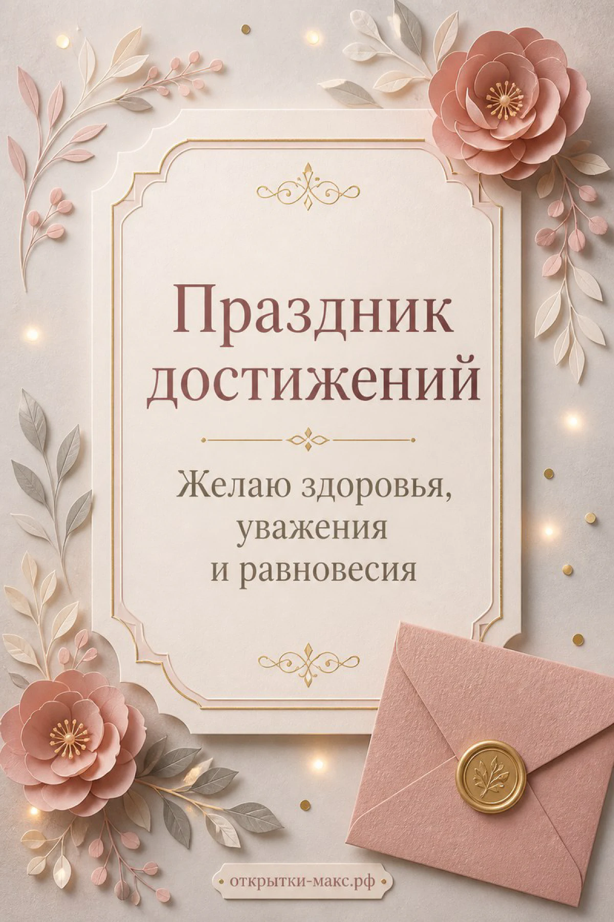 Открытка с надписью «Праздник достижений» в рамке, украшенная розовыми объёмными цветами и розовым конвертом