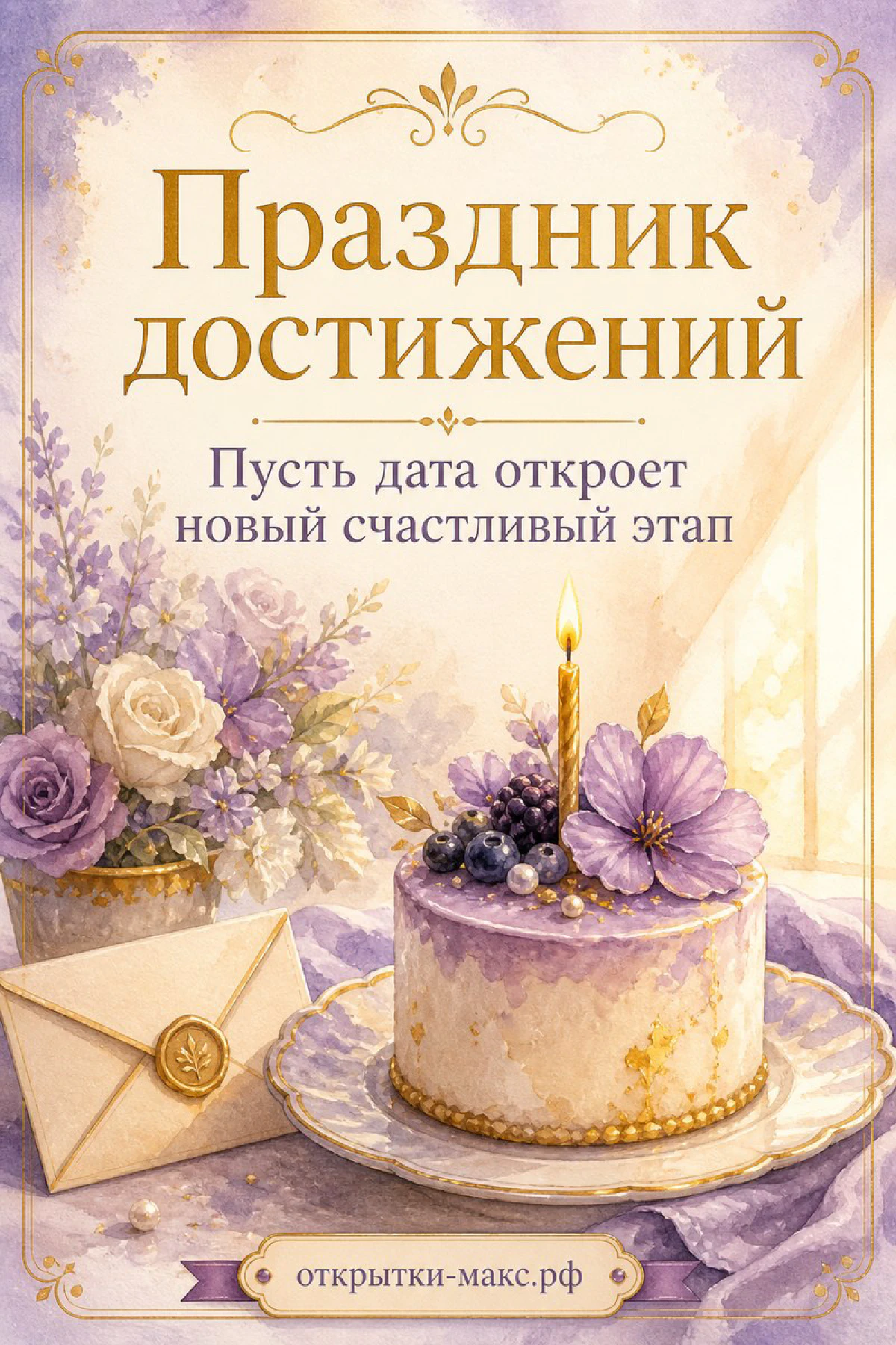 Акварельная открытка «Праздник достижений» с украшенным тортом, свечой, лавандовыми цветами и конвертом