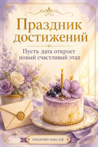 Акварельная открытка «Праздник достижений» с украшенным тортом, свечой, лавандовыми цветами и конвертом