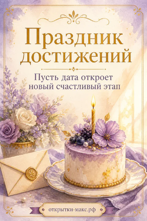 Акварельная открытка «Праздник достижений» с украшенным тортом, свечой, лавандовыми цветами и конвертом