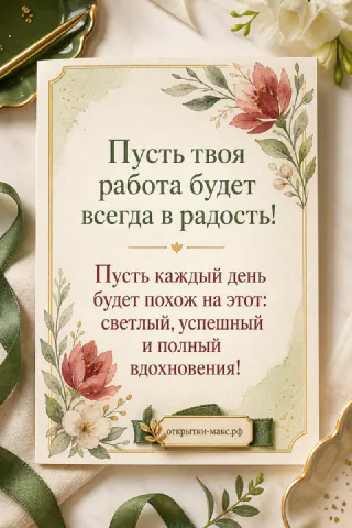 Открытка с красно-белым букетом цветов и текстом «Пусть твоя работа будет всегда в радость» на кремовом фоне