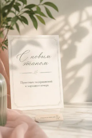 Белая открытка с каллиграфическим текстом «С новым этапом» стоит на светлом столе рядом с розовой тканью и зеленью