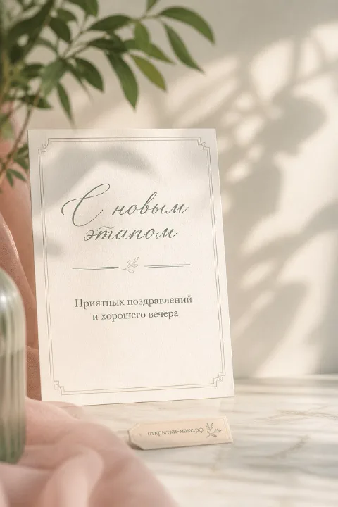 Белая открытка с каллиграфическим текстом «С новым этапом» стоит на светлом столе рядом с розовой тканью и зеленью