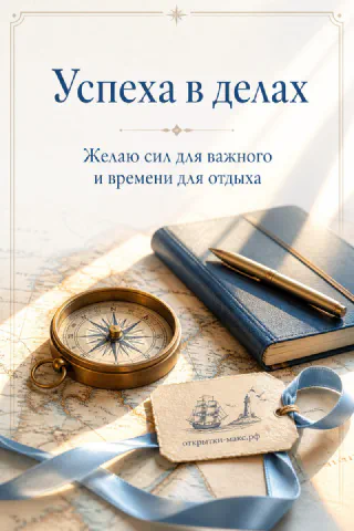Открытка «Успеха в делах» рядом с бронзовым компасом, синим блокнотом, ручкой и картой на светлом столе