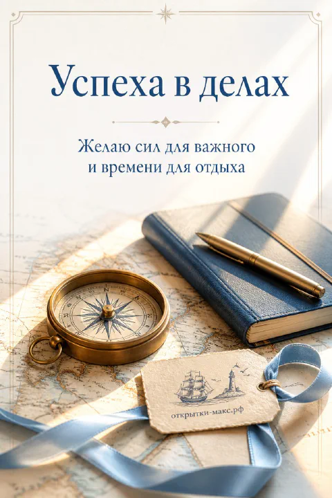 Открытка «Успеха в делах» рядом с бронзовым компасом, синим блокнотом, ручкой и картой на светлом столе