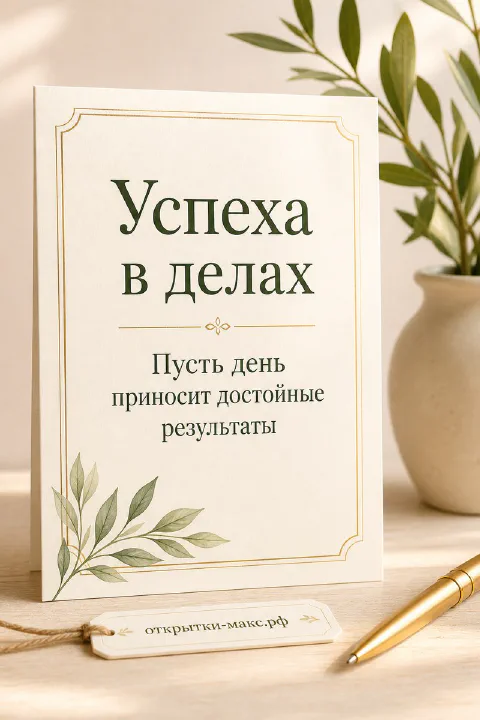 Белая открытка «Успеха в делах» с акварельными зелёными листьями стоит на столе рядом с вазой с растением и золотой ручкой
