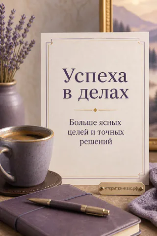 Открытка с повышением на фоне блокнота, чашки кофе и лаванды с надписью Успеха в делах