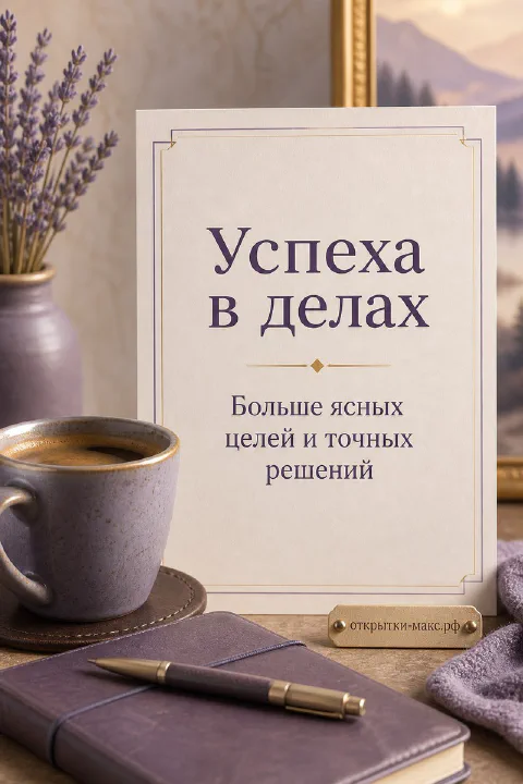 Открытка с повышением на фоне блокнота, чашки кофе и лаванды с надписью Успеха в делах
