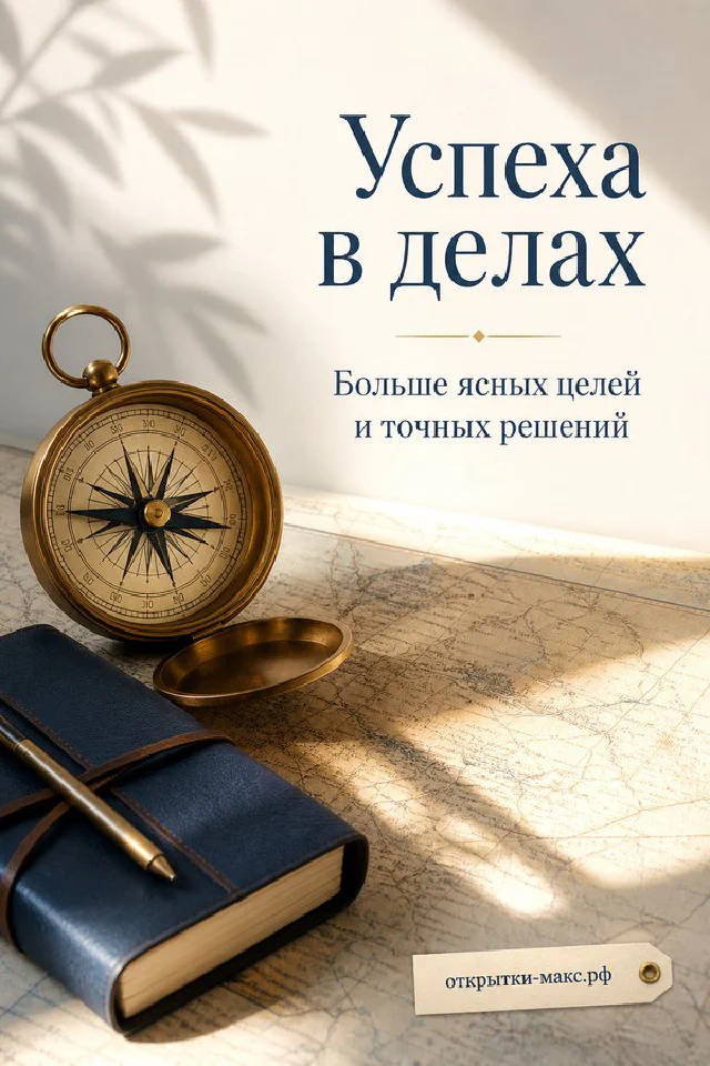 Открытка с повышением на фоне блокнота, чашки кофе и лаванды с надписью Успеха в делах — вариант 2