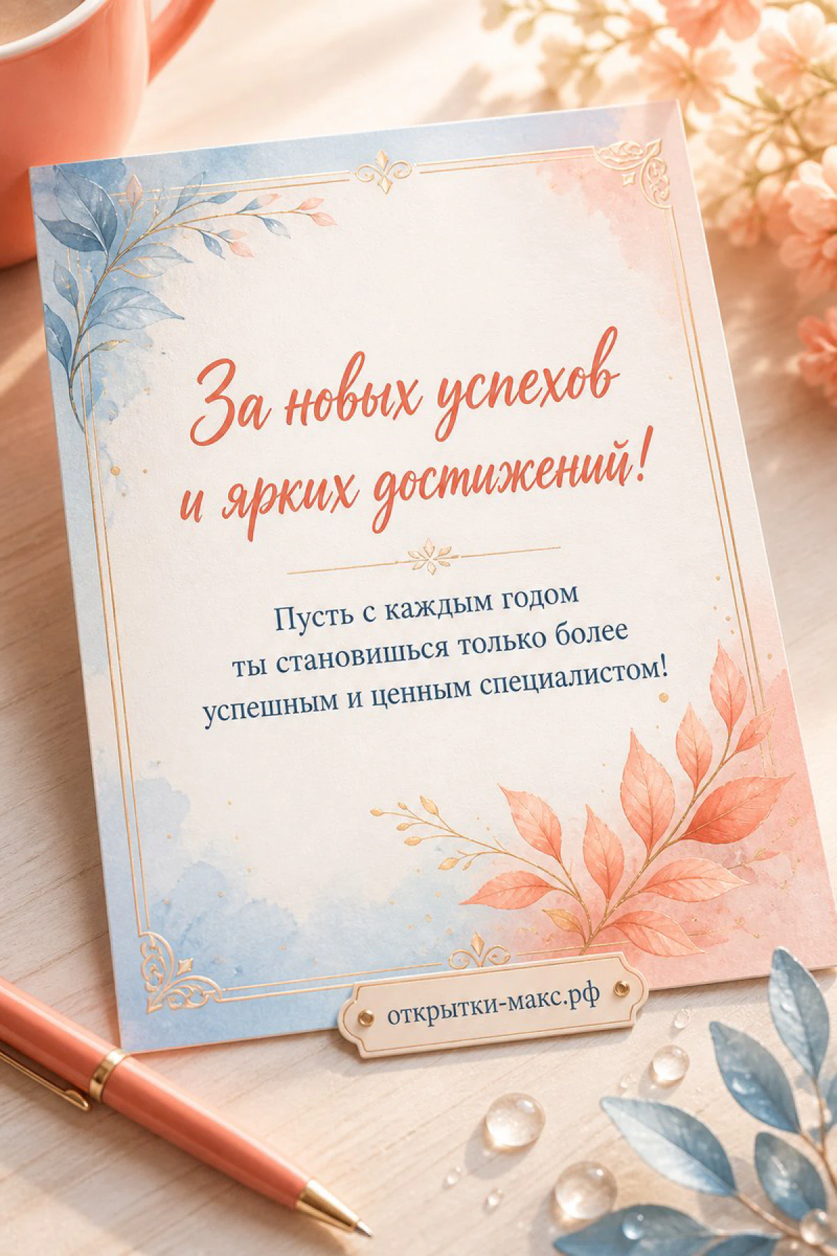 Акварельная открытка с повышением с персиковыми и голубыми листьями, карточкой и ручкой на деревянном столе