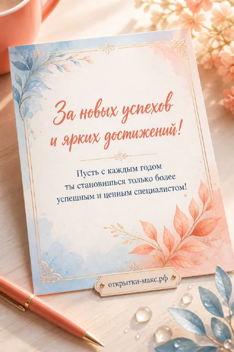 Акварельная открытка с повышением с персиковыми и голубыми листьями, карточкой и ручкой на деревянном столе