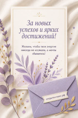 Открытка с повышением с фиолетовым конвертом, веточками лаванды и золотыми листьями на белом шёлке