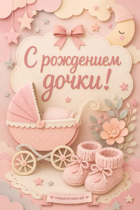 Розовая детская коляска, вязаные пинетки и декоративные звёздочки на облачном розовом фоне с луной