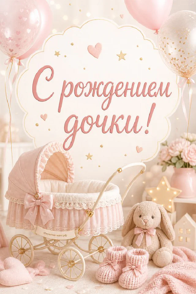 Розовая детская коляска, вязаные пинетки и декоративные звёздочки на облачном розовом фоне с луной — вариант 2