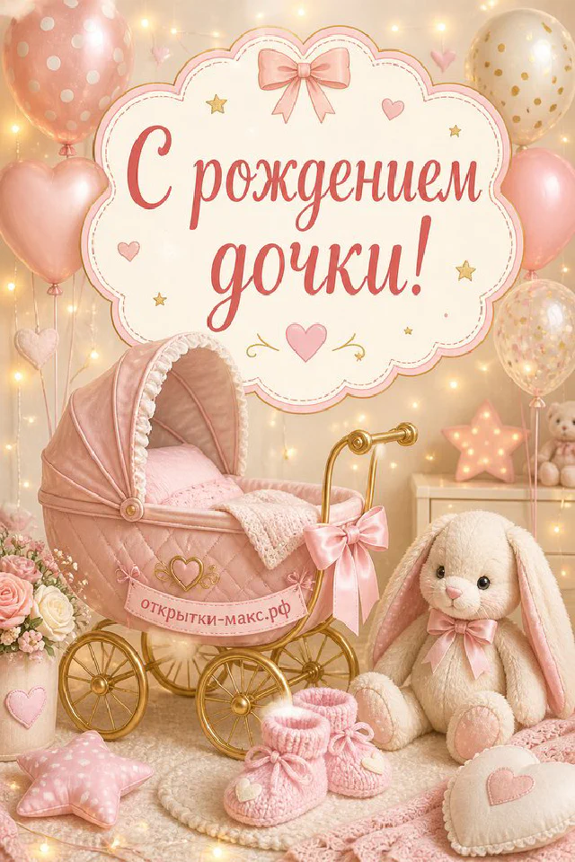Розовая детская коляска, вязаные пинетки и декоративные звёздочки на облачном розовом фоне с луной — вариант 3