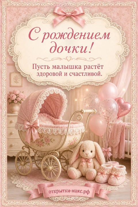 Розовая детская коляска с зайкой на подушке и розовыми шарами-сердечками в детской комнате
