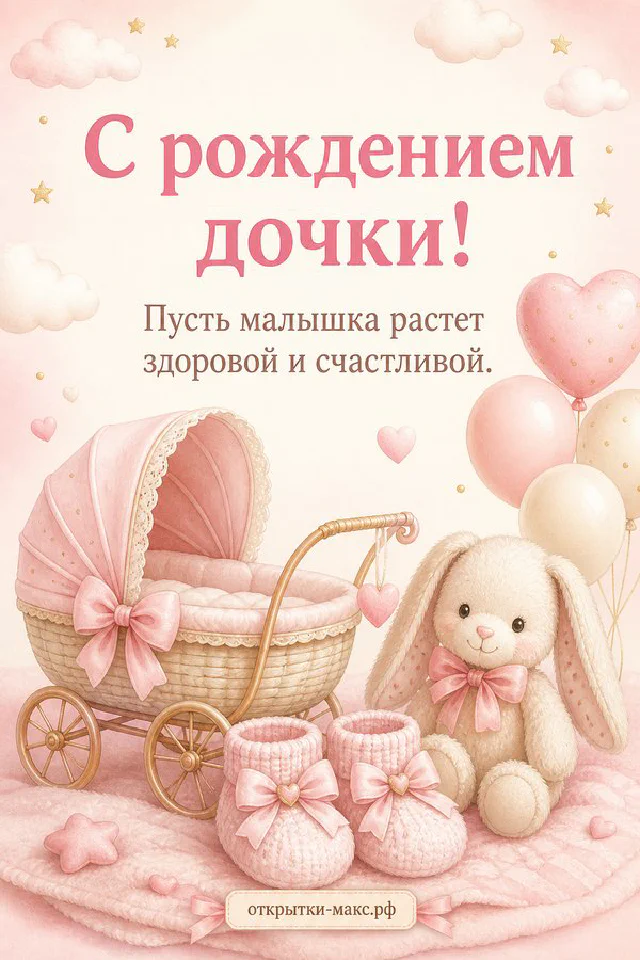 Розовая детская коляска с зайкой на подушке и розовыми шарами-сердечками в детской комнате — вариант 2