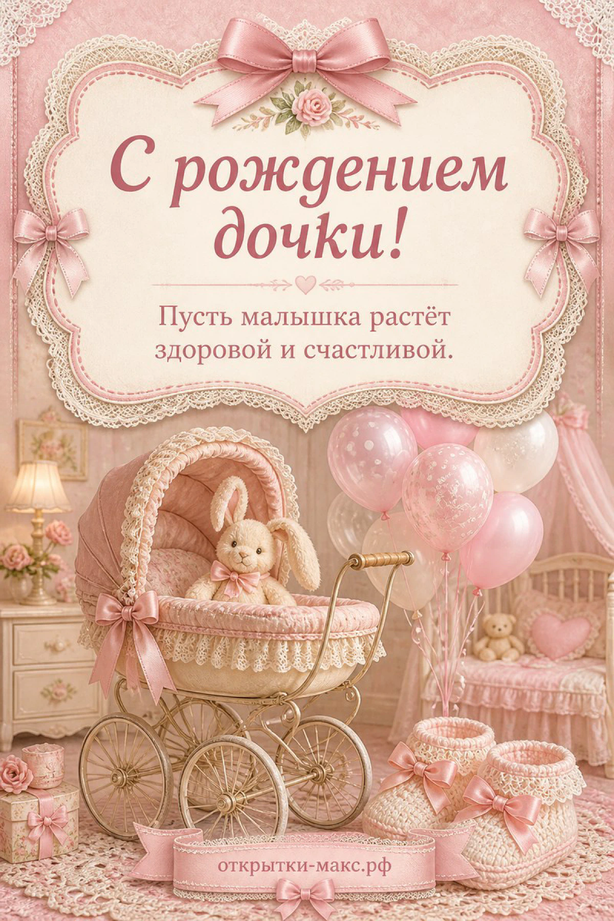 Розовая кружевная коляска с зайкой и воздушными шарами, пинетки на переднем плане, розовый декор