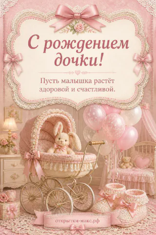 Розовая кружевная коляска с зайкой и воздушными шарами, пинетки на переднем плане, розовый декор