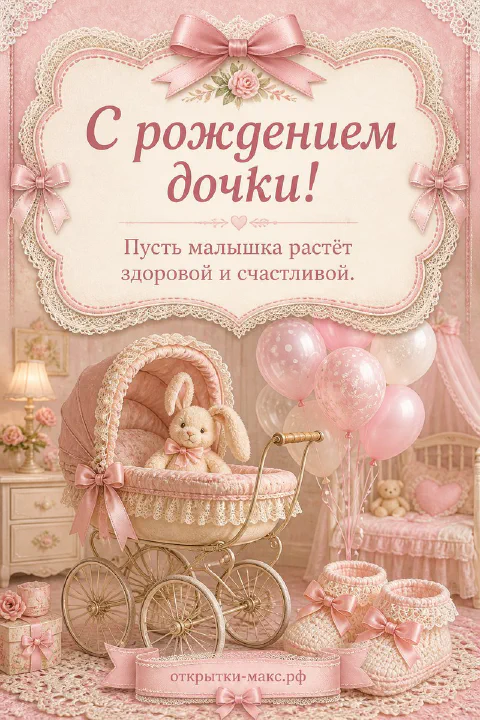 Розовая кружевная коляска с зайкой и воздушными шарами, пинетки на переднем плане, розовый декор